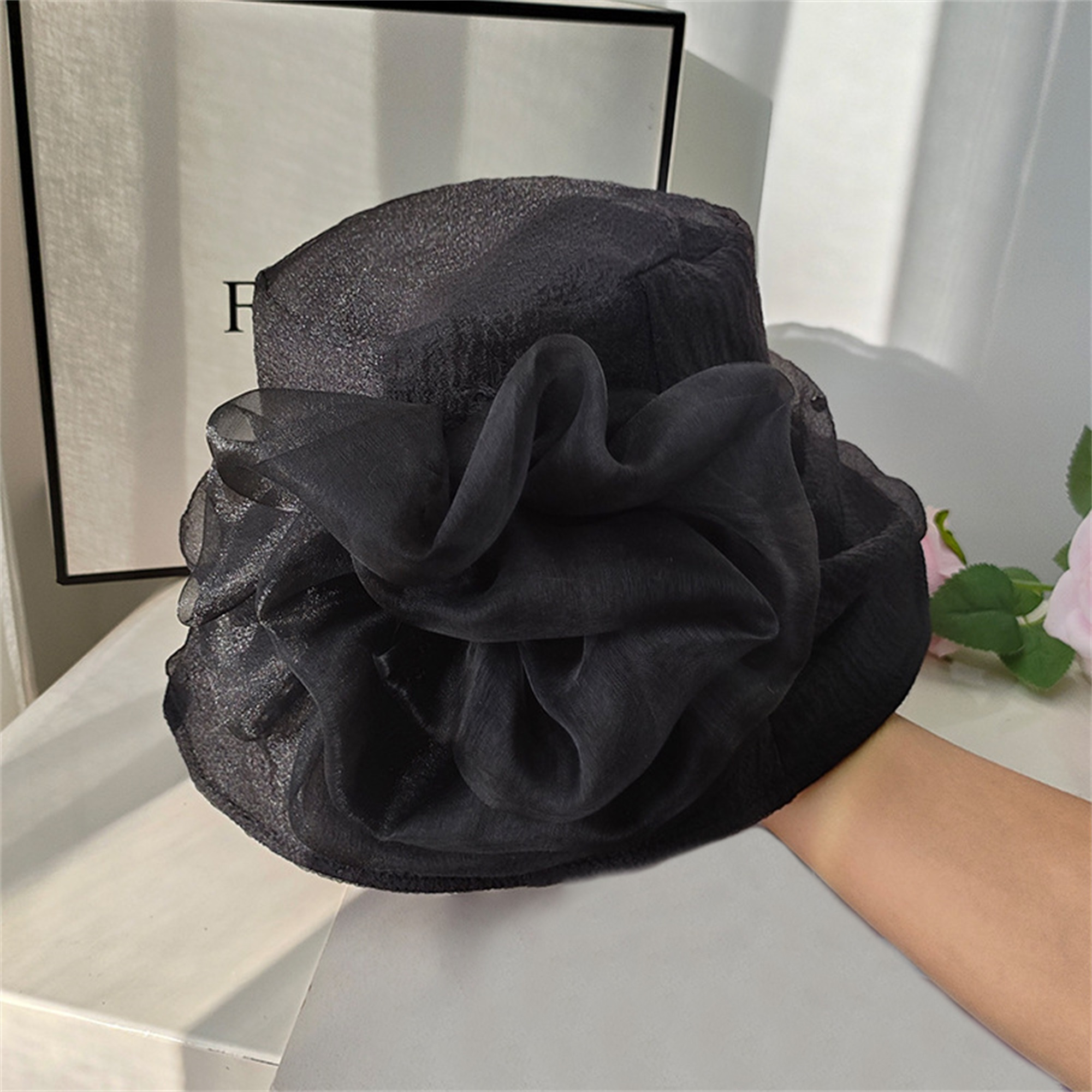 elegant black organza floral bucket hat women lightweight Temu