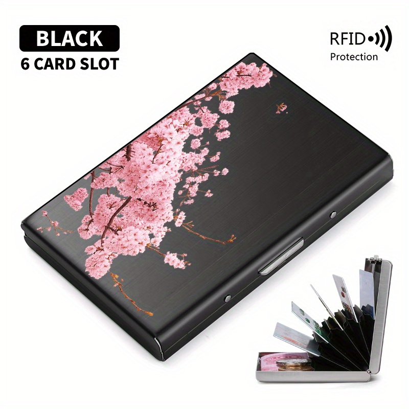 TEMU Porte-cartes en métal unisexe anti-vol RFID avec motif de branche de rose, pop-up, double expérience et , étui de protection en métal unisexe