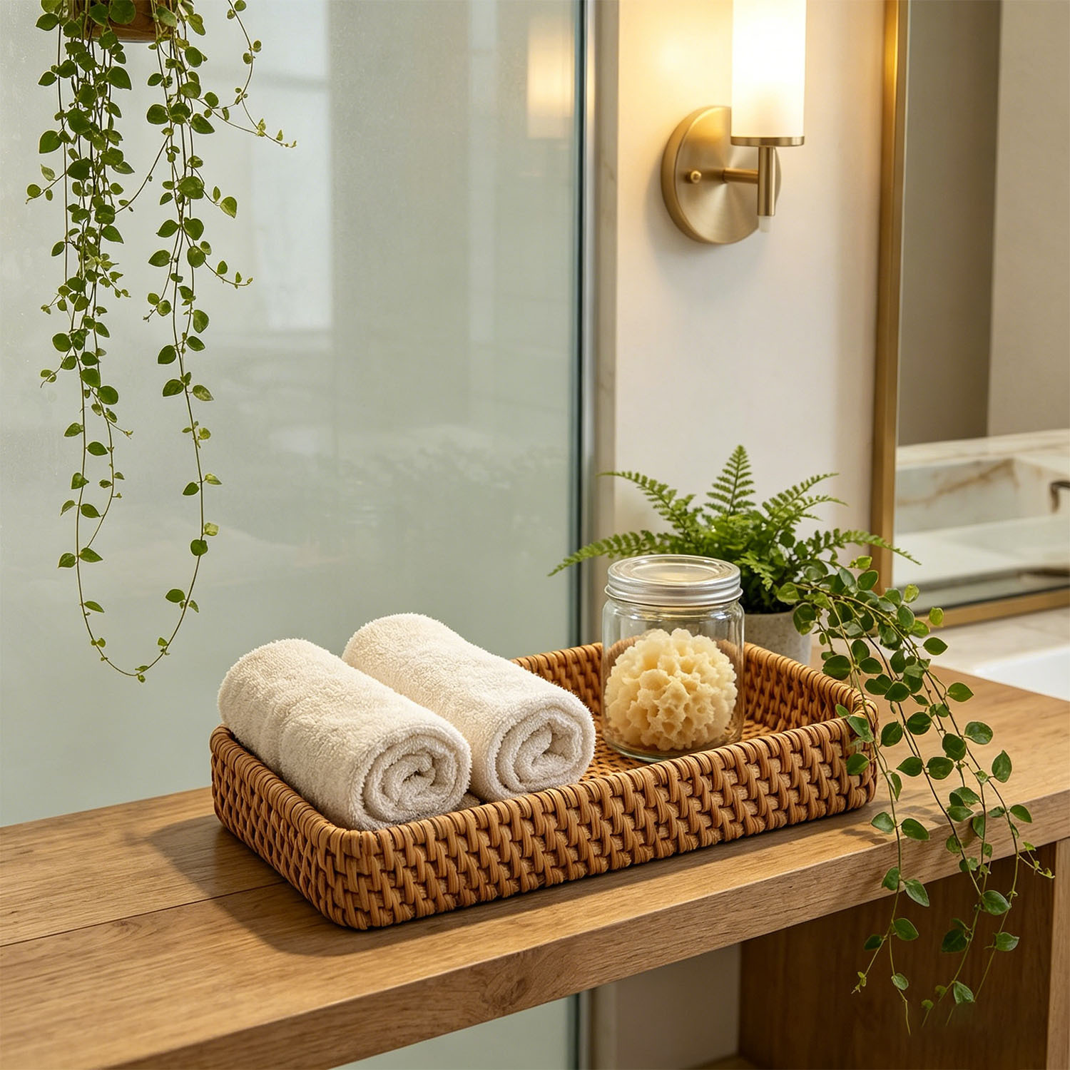 2 Hand-Woven Rattan Bathroom Storage Trays, Multi-Functional Entryway Tabletop Key and Sundries Decorative Tray, Toilet Tank Decorative Basket for Storing Keys, Vanity Items, Candles, Ornaments, Perfume, and Long Hand Towels, Exquisite Home Storage