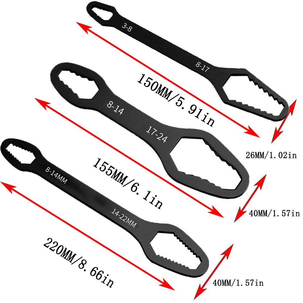 E-shop 3-teiliges Set Multifunktionaler Schwarzer Torx-Schlüssel | Verstellbarer, selbstspannender Doppelkopf-Schlüssel mit 3-24mm Größen, 5mm dickes,