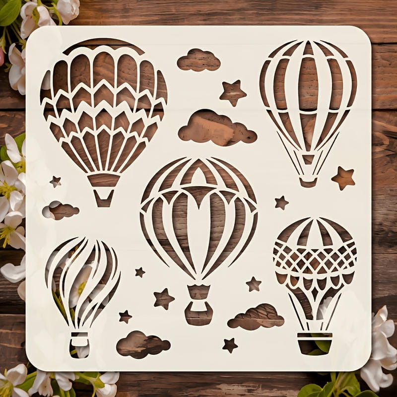 TEMU 1pc Hot Air Balloon Pattern Template 5.9 X 5.9 Inches Reusable Template, Featuring Hot Air Balloons, Clouds, And Stars, Ideal For Drawing On