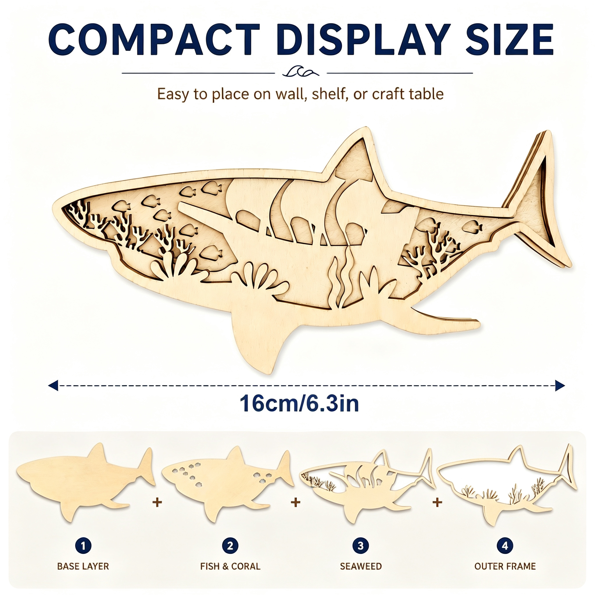 TEMU A Wooden Shark Wooden Handicraft, 4-layer Wooden Wall Art Handicraft, Marine Shark Artwork, Laser-cut Wood Decoration, Suitable For Home,