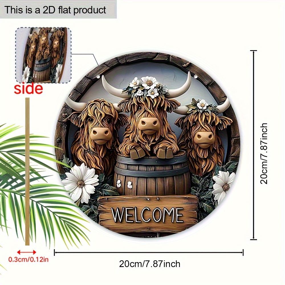 TEMU 2d Flat - Highland Cow Welcome Sign With Flowers - 2d Flat Wooden Wall Decoration, Aged Look With Floral Decor, Indoor/outdoor Easy Hanging