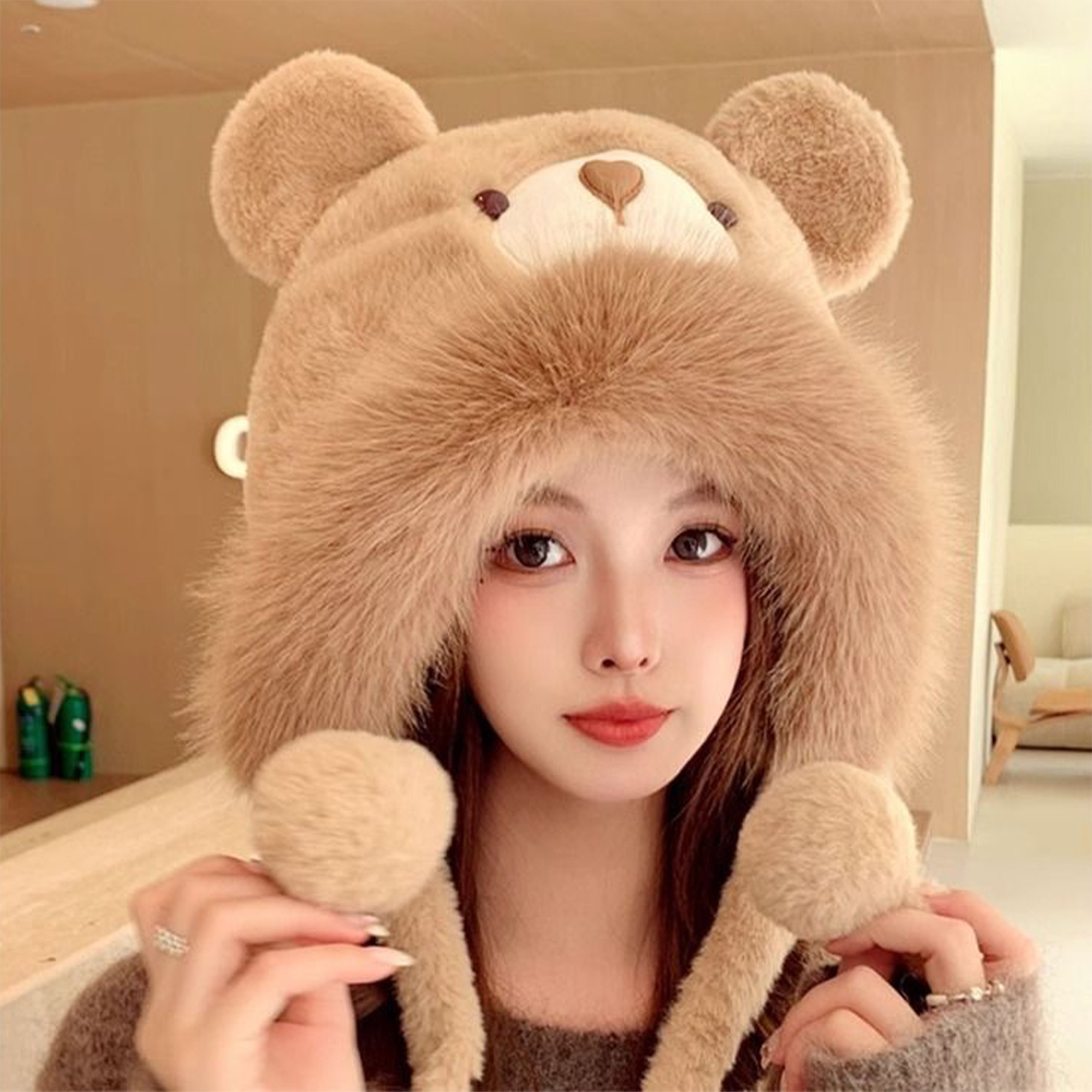 Women\'s Khaki Furry Beanie with Pom Pom Winter Warm Knitted Hat Bear Costume Amazon.com: Dsgzkk Beanie,Girls Bear Hat Furry Ears Hat  main image 3