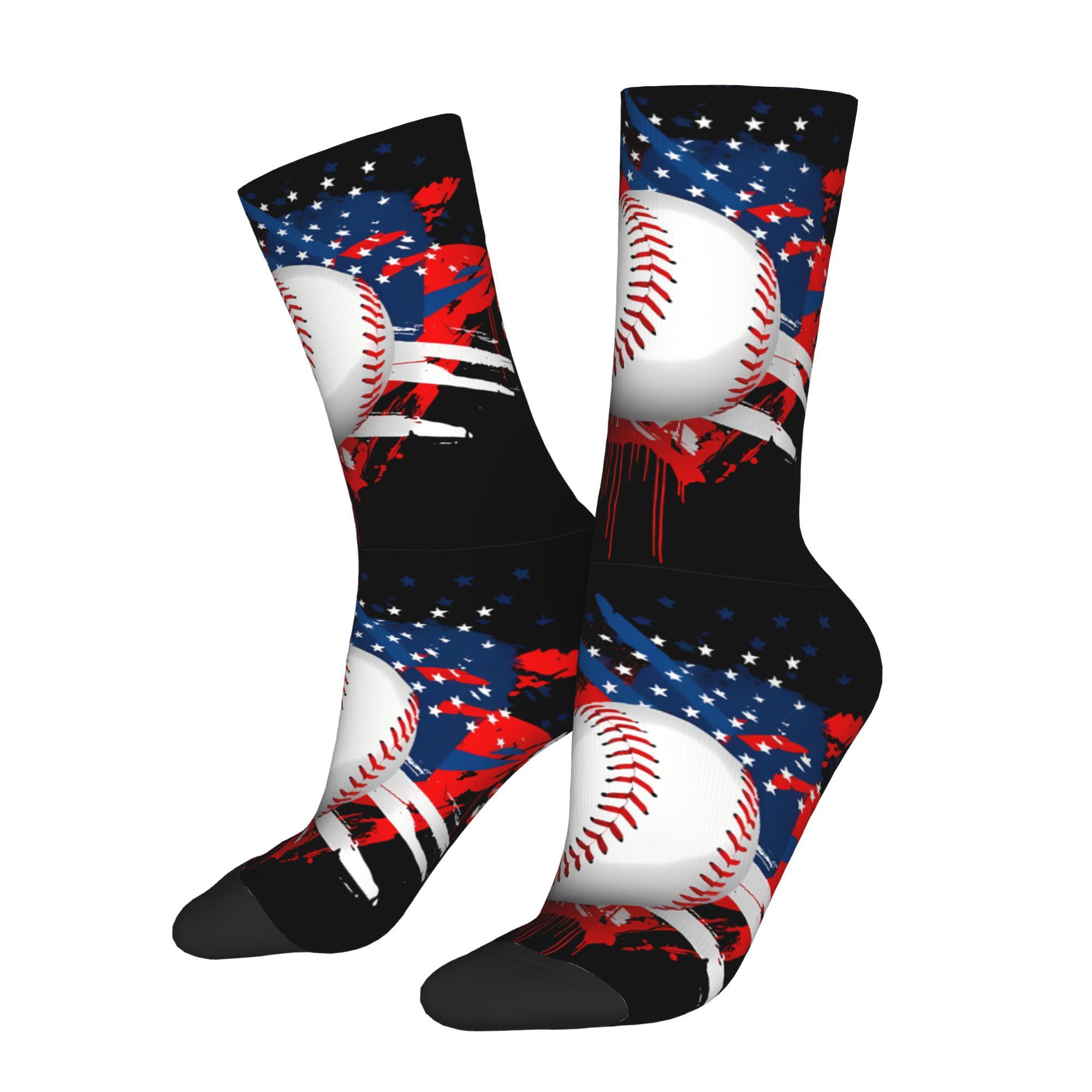 

Men's Polyester Knit Fabric Crew Socks With Baseball Print, 95% Polyester 5% Elastane, Graphic, With Hand Washable