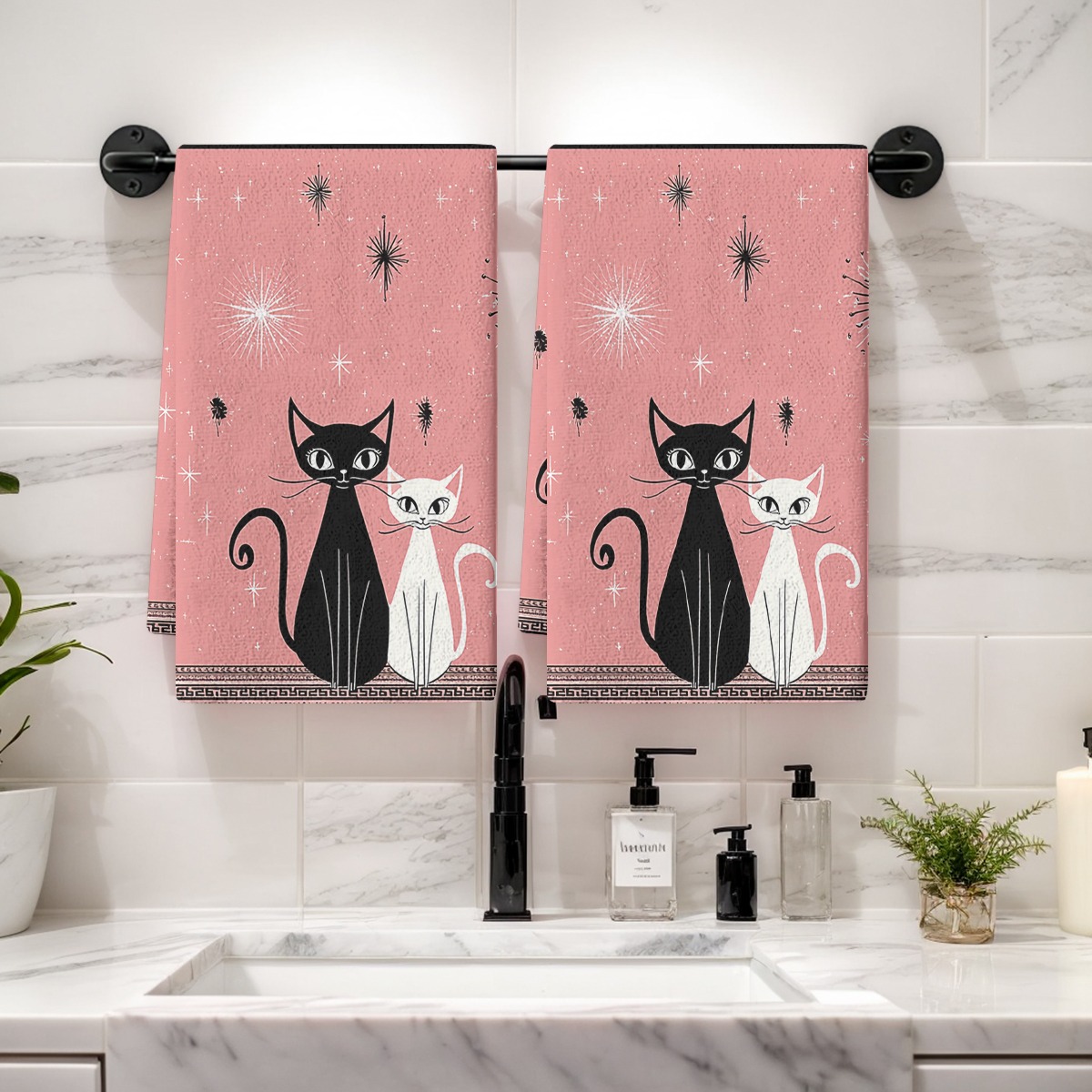 TEMU 2pcs Set Medieval Absorbent Cat Silhouette Dish Towels - Space Theme Kitchen Bathroom Cloths, With Starburst Cat Pattern, Hand Wash , For Home
