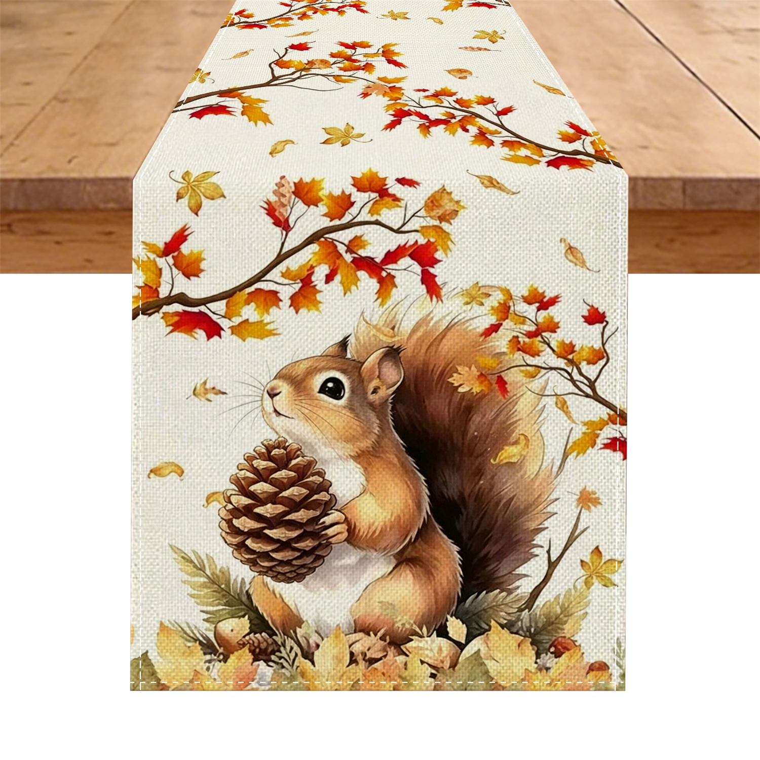 TEMU Chemin de pièce avec branche, écureuil, et feuille d'érable - Décoration de récolte d'automne rustique factice avec écureuil et , convient pour