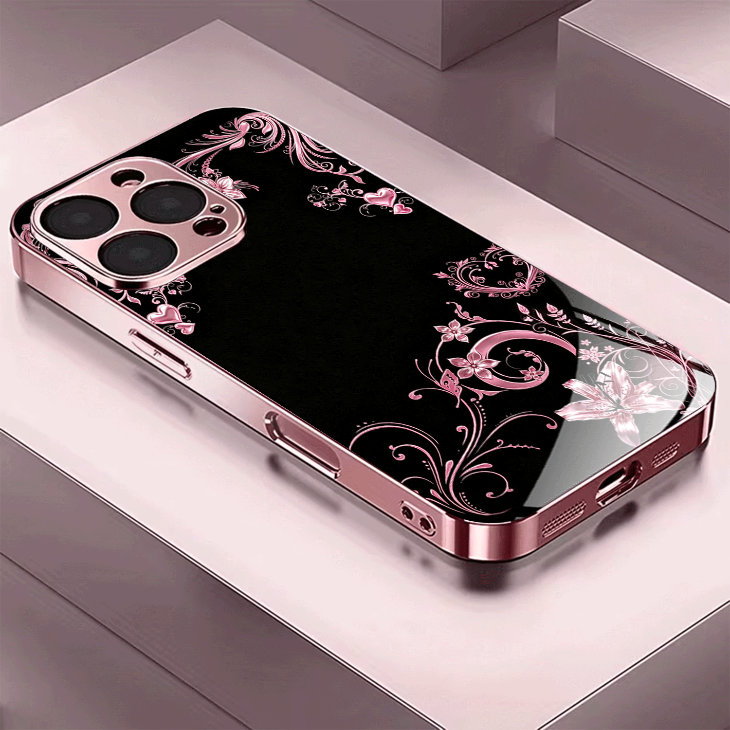 TEMU Phone Case - Pink Rose Golden Floral Pattern Electroplated Pink Tempered Glass Phone Case Suitable For Iphone