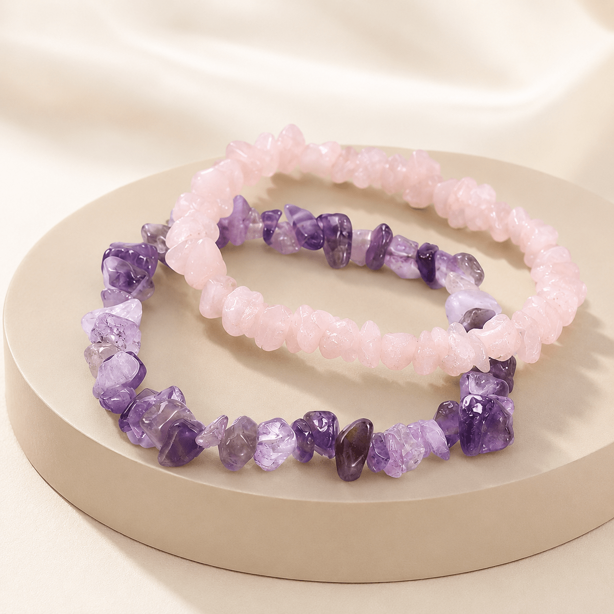 2pc Amethyst & Rose Quartz Chip Bracelet Set