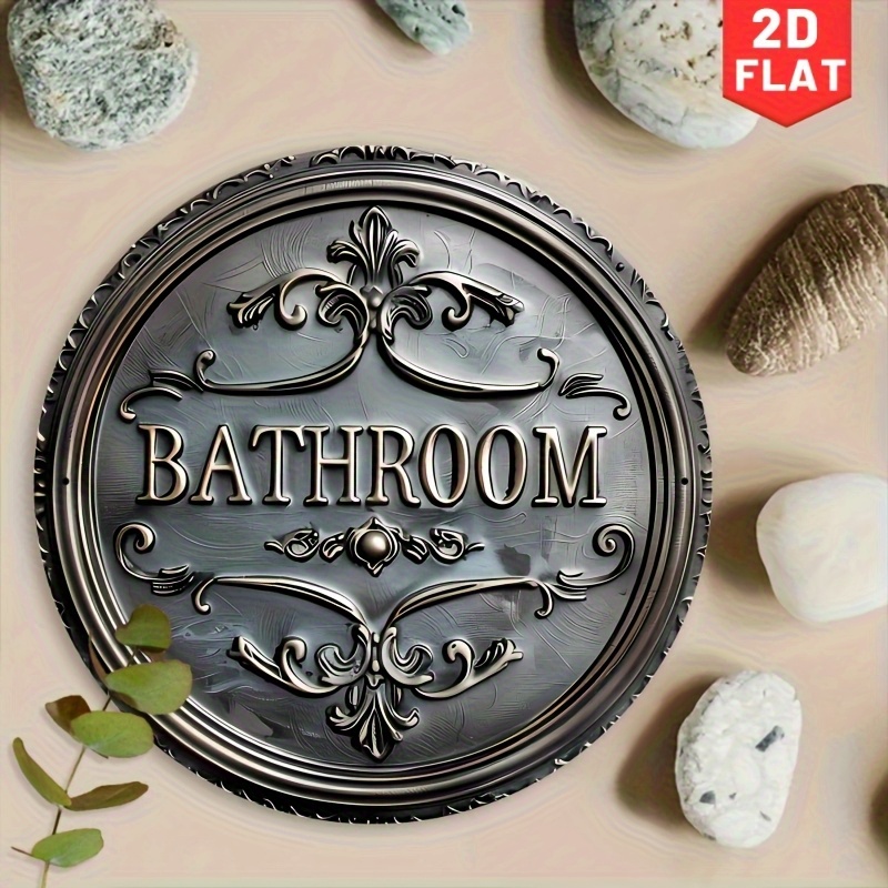 TEMU 2d Flat - 2d Printed Retro Style Bathroom Decorative Sign, 1pc, 2d Printed Round Metal Aluminum Plaque, Classic Wall Hanging Design, Decoration,