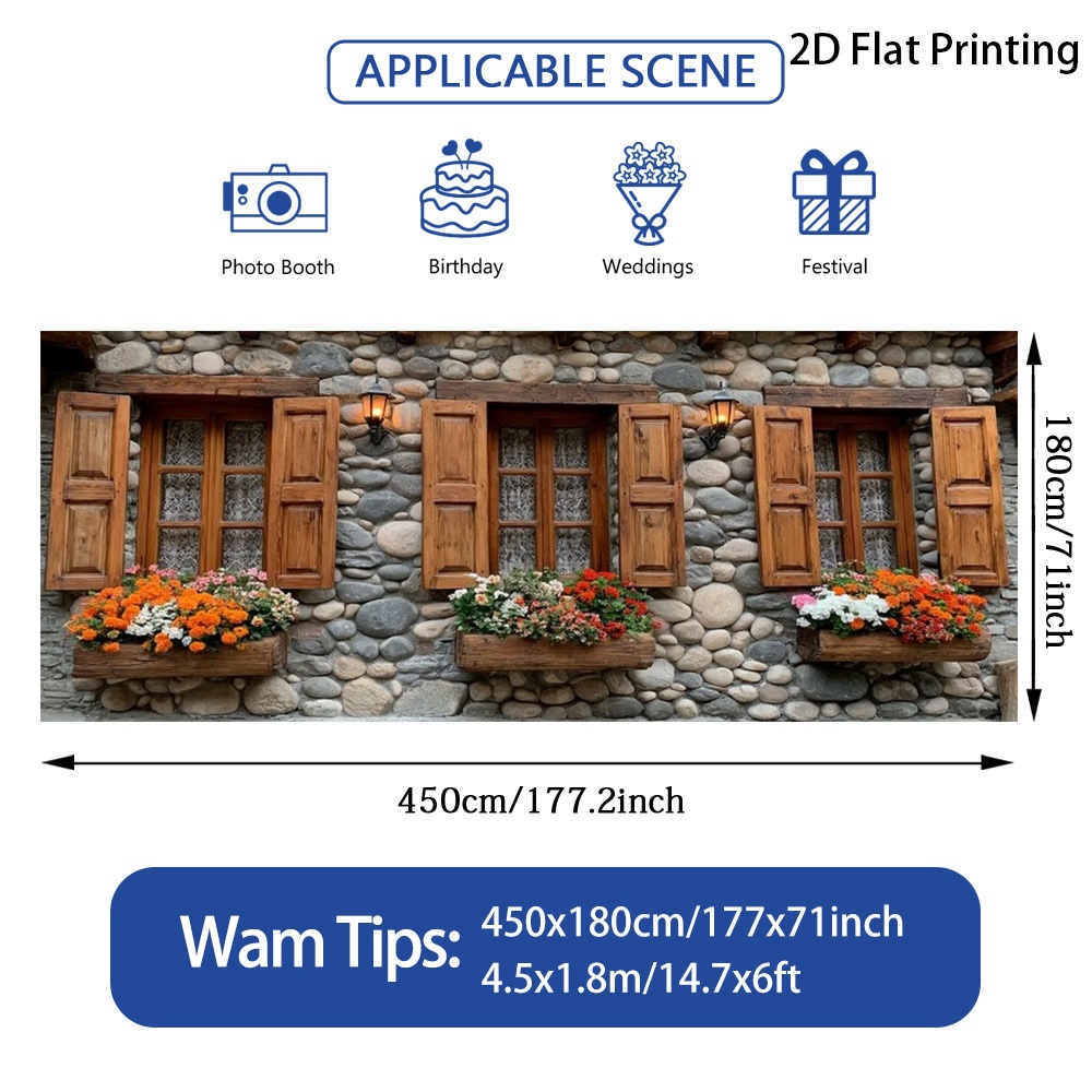 TEMU (2d Flat) 1pc Stone Wall Windows With Flowers Garage Door Banner, Decorative Fence, , Polyester Fiber, Suitable For Poolside Screening, Garden