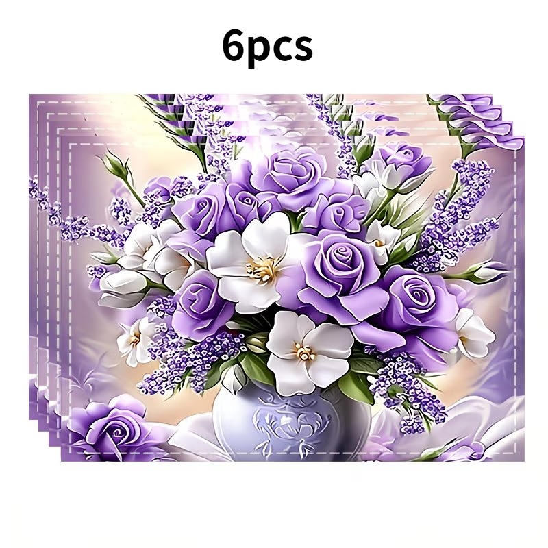 TEMU 4/6/8pcs Purple Rose Tablemats, 34 X 45cm, Placemat With Purple Rose, White Small Flowers, And Lavender Bouquet Pattern, Full Of Gentle And