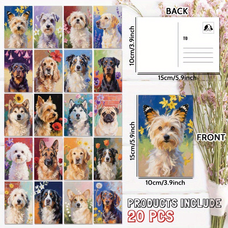 TEMU 20pcs Oil Painting Of Interesting Dogs And Flowers Postcard, Unique Everyday Gift For Family & , Congratulate, Thank You