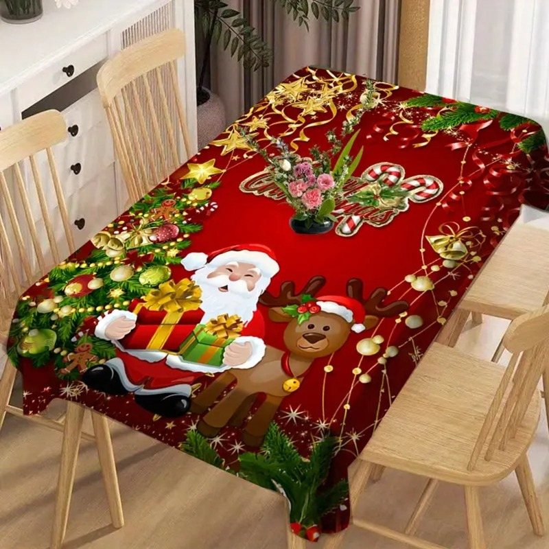 

1pc Christmas Red Tablecloth With Santa Claus And Reindeer Pattern Decoration, Suitable For Holiday Room Decoration