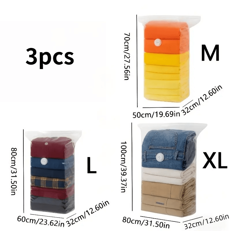 TEMU Set di 3 sacchetti sottovuoto, 3 misure M/L/XL, chiusura a pressione manuale per rimozione 'aria, senza pompa, per vestiti, trapunte, , cuscini,