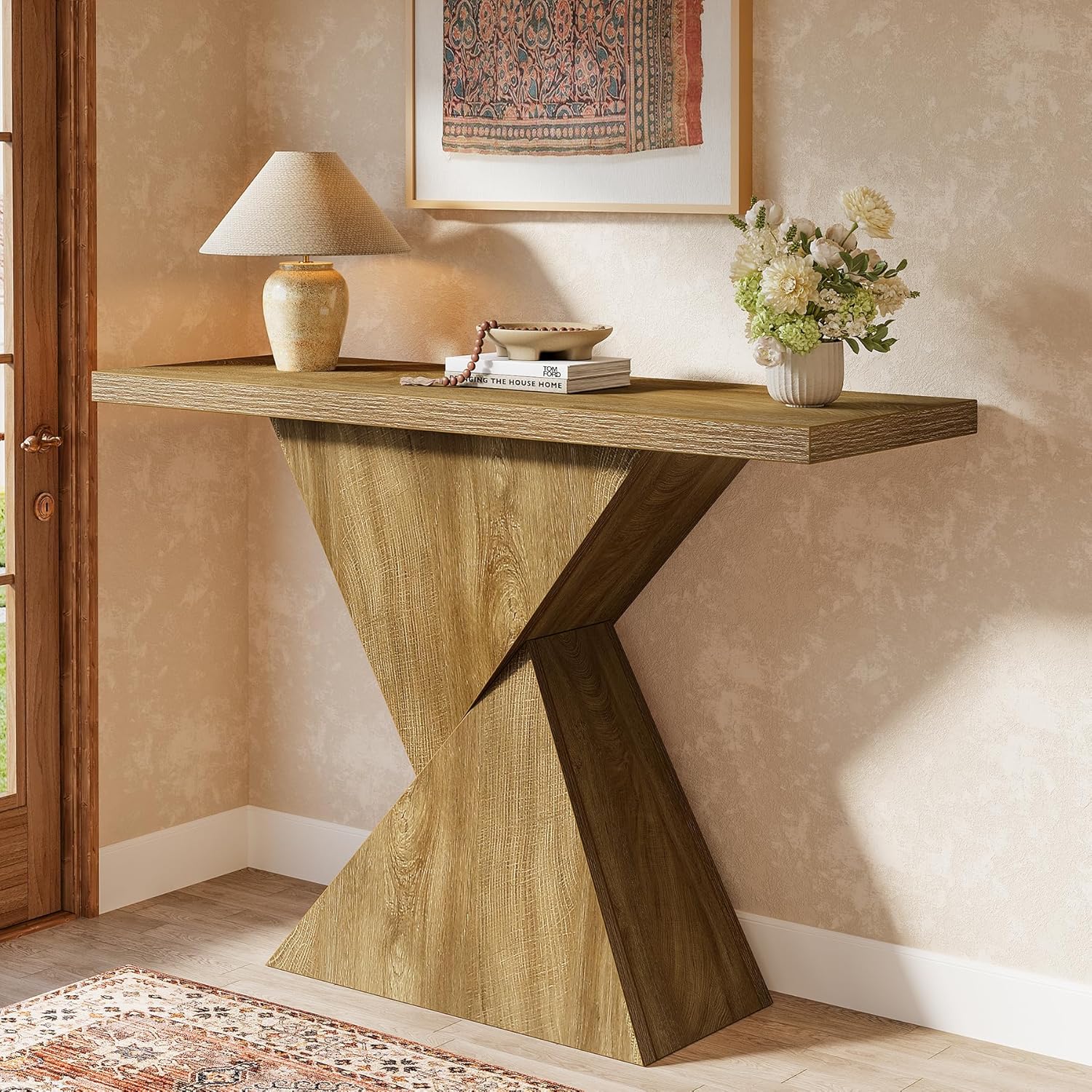 41.5-inch Farmhouse Entryway Console Table, Narrow Sofa Table Behind Couch With Geometric Base, Accent Entry Foyer Tables For Hallway, Entrance, Brown