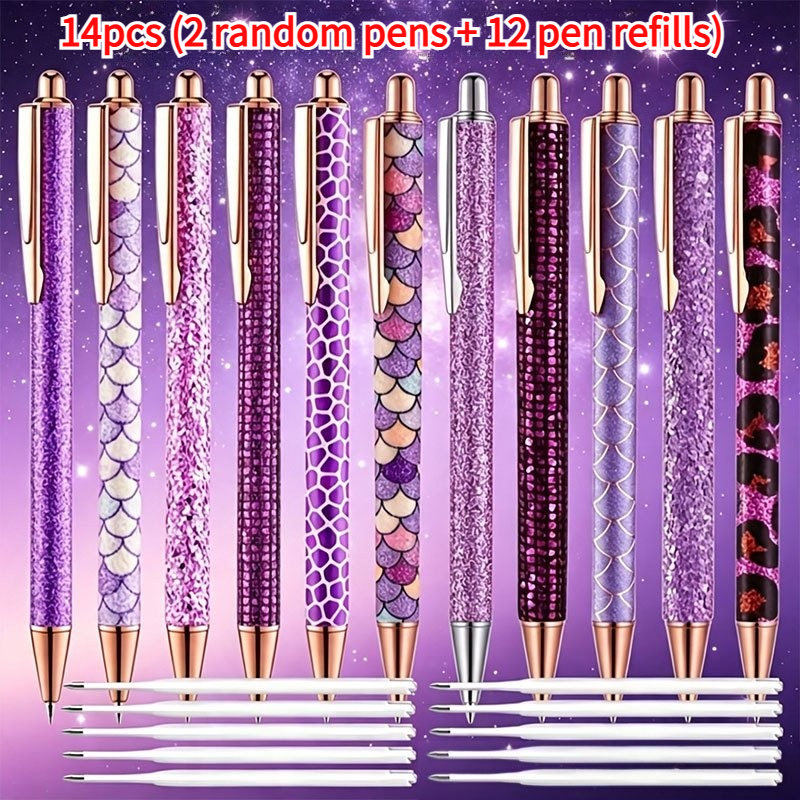 TEMU 14pcs Set Of Vibrant Purple Aesthetic Pens Set(2 Random Styles Pens + 12 Refills). Purple- Star Luxury High-value Rose Golden Push-button