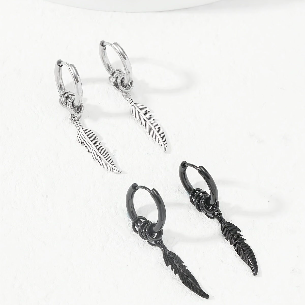 TEMU Un juego de 2 de aretes de pluma de acero inoxidable hipoalergénicos y elegantes, para hombres como para mujeres, perfectos para el uso diario o