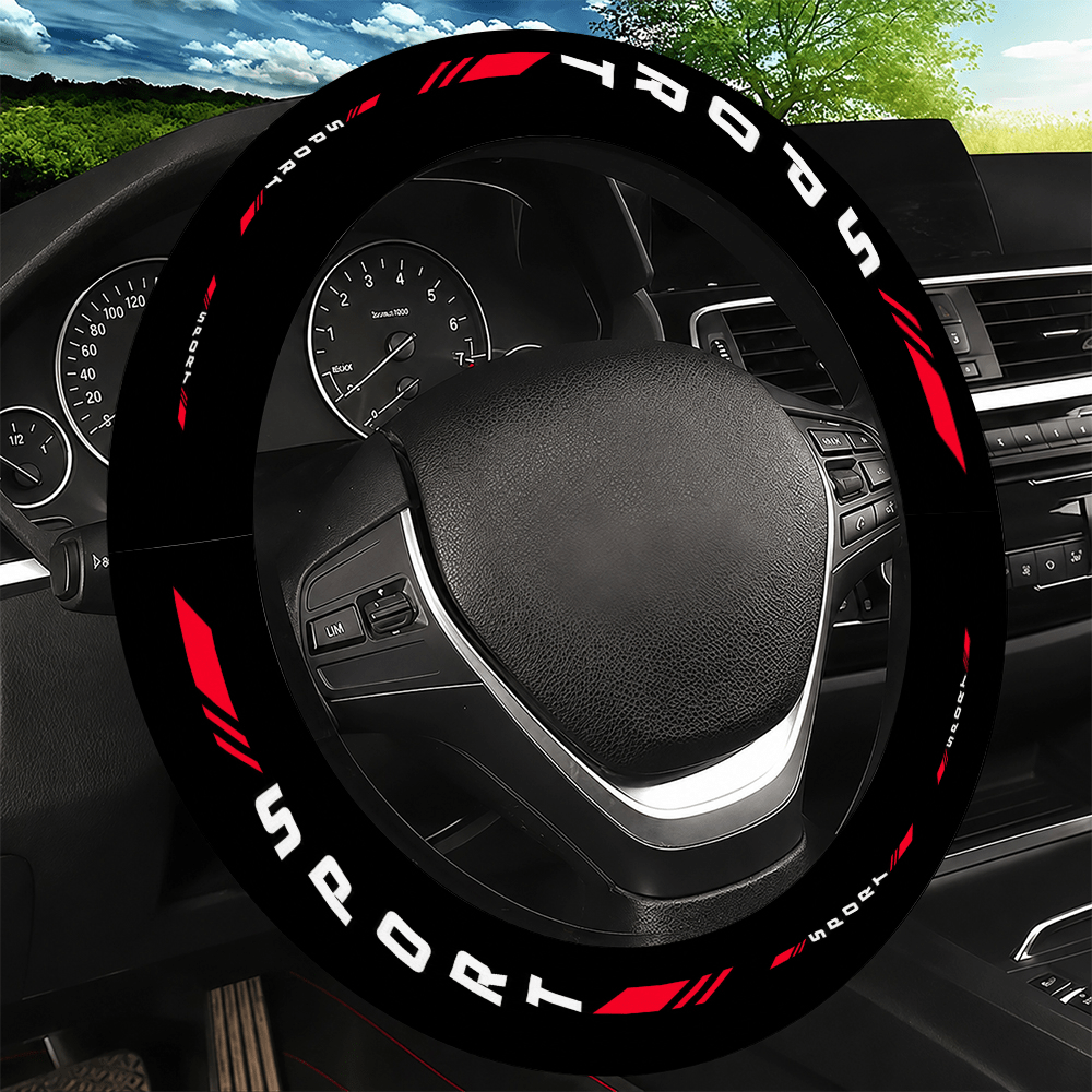 TEMU 1 Printed Car Steering Wheel Cover, Black And Red Sporty Racing Text Design, Non-slip Grip Protector, Universal Fit For Most Cars, Sedans, Suvs,