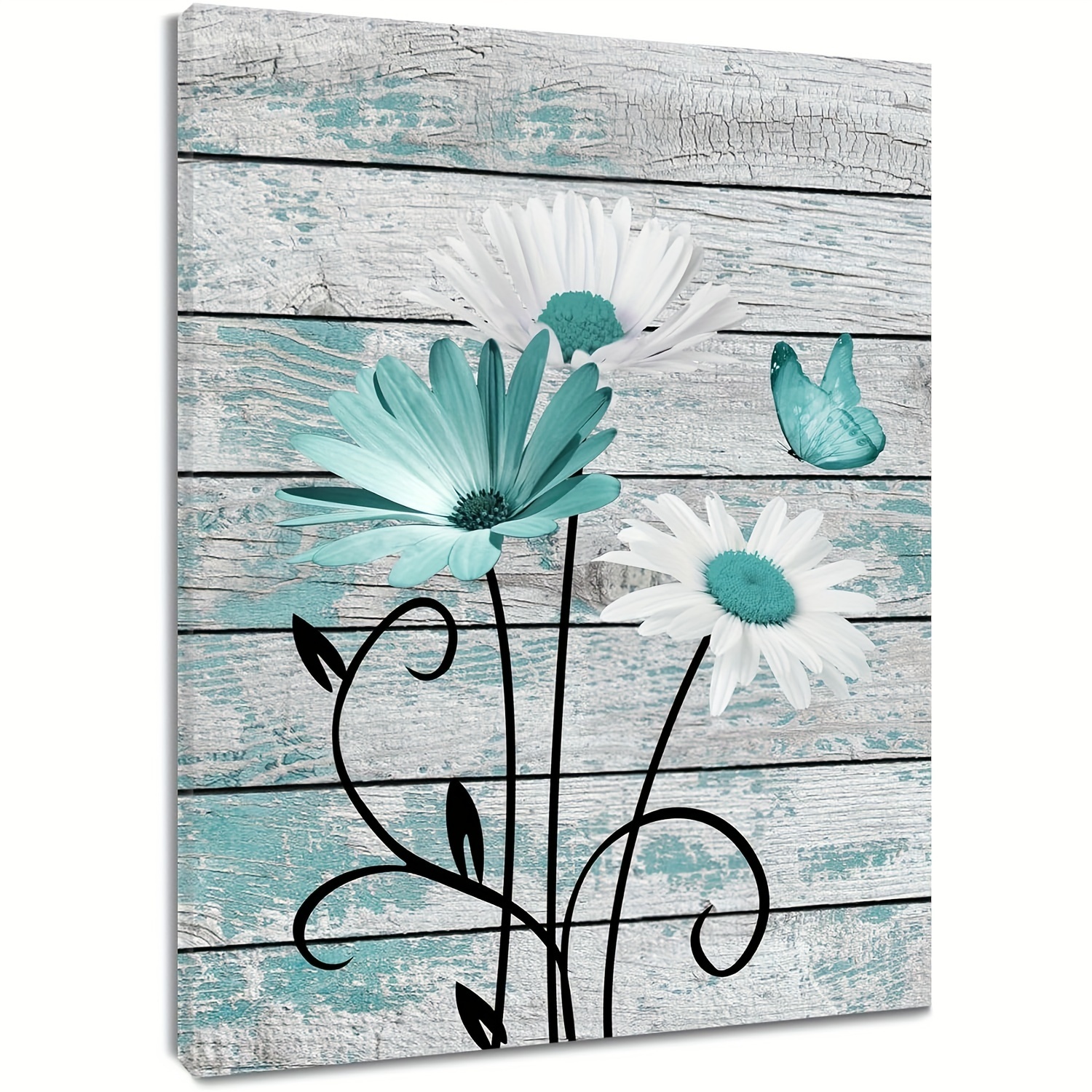 TEMU 2d Flat, 1pc Turquoise & White Daisies Framed Canvas Wall Art - Solid Wood Frame Suitable For,, Bathroom Decor, Rustic Farmhouse Painting With