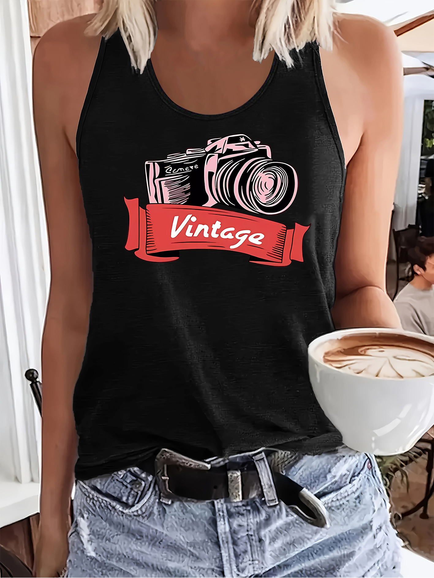 womens vintage camera print tank top black sleeveless knit Temu