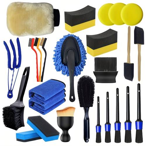 complete detailing car care and maintenance kit including a velvet double sided car wash mitt waxing sponge air vent brush crevice brush car tire brush and wheel brush to make look brand new