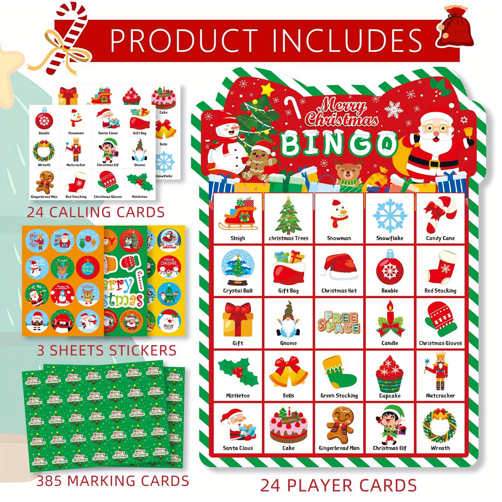 TEMU Christmas Bingo Game - Christmas Bingo For Adults, 24 Players Bingo Cards With Reward Stickers Activities Favors Xmas Gifts Holiday Supplies