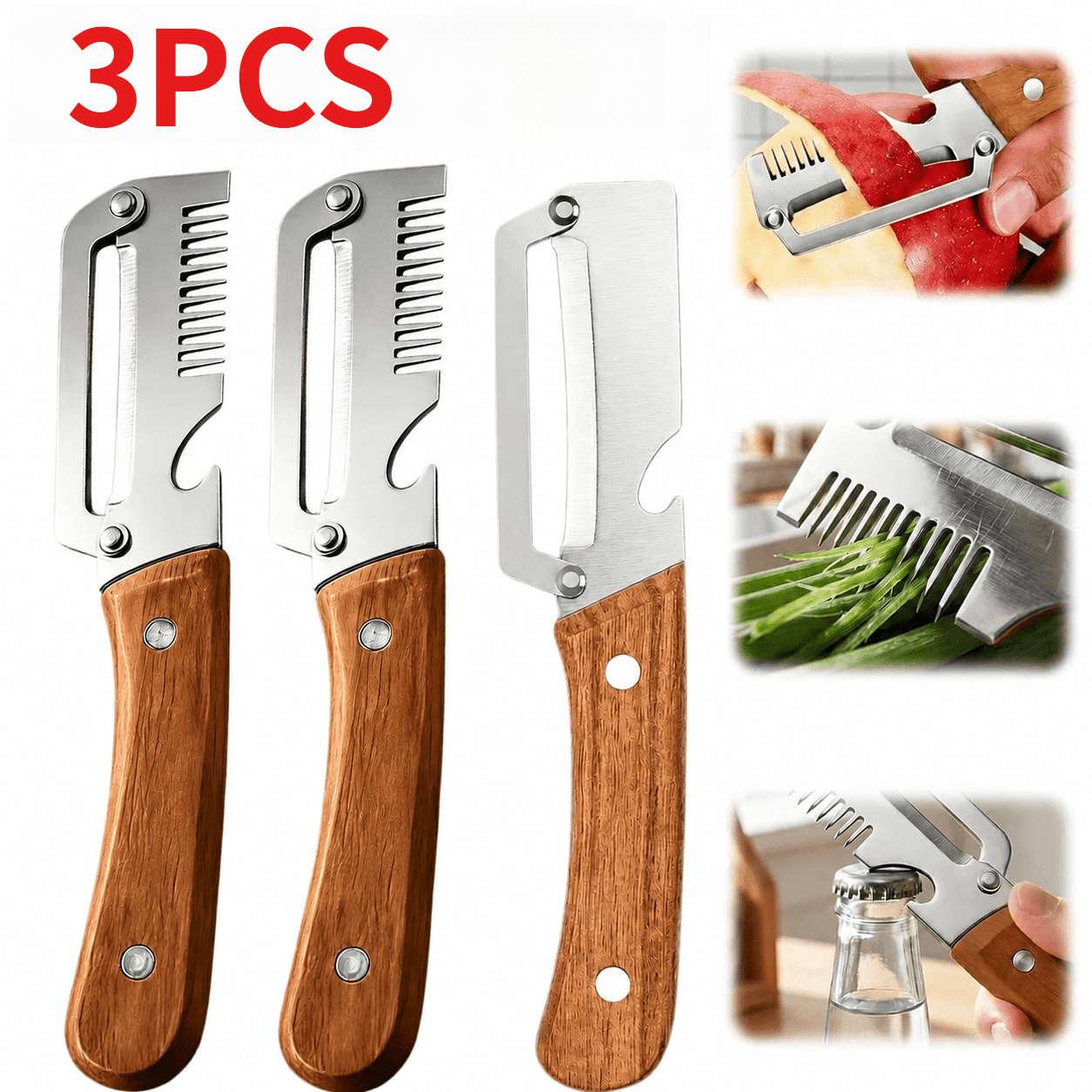 3pcs 2026   wooden handled vegetable peelers stainless steel wide blade potato and carrot peelers 3 in 1 vegetable peelers with scallion   and bottle opener suitable for kitchen camping and travel
