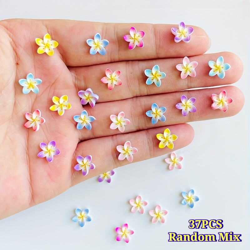 TEMU 37pcs Random Mixed Colors Gradient Five-petal Flower Peach Tree Resin Nail Decorations, Sweet Multifunctional Rhinestone Jewelry, Suitable For