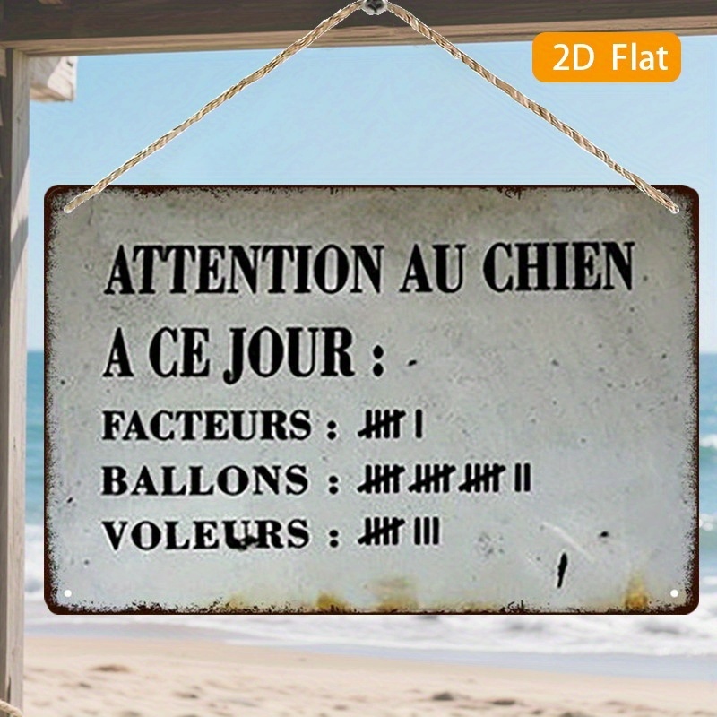 TEMU Plat 2D, 20x30cm/8x12inch, Panneau d'avertissement vintage français plat 2D & Décoration murale Attention voleur de chien - Panneau en métal de