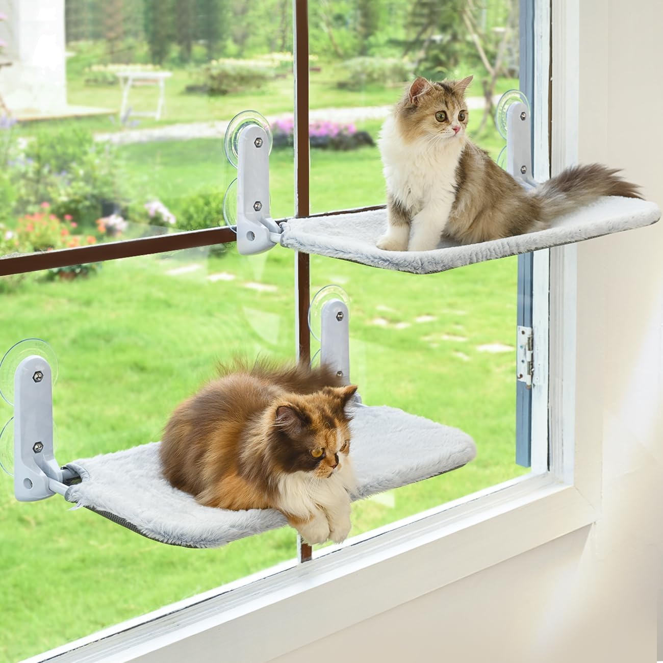 TEMU 2pcs Cordless Foldable Cat Window Perch With Metal Frame & Large Suction Cups - Reversible Removable -like Cover, 2-tier-like Design (no Tools/) For Indoor Cats - Multi-window Use Hammock Bed
