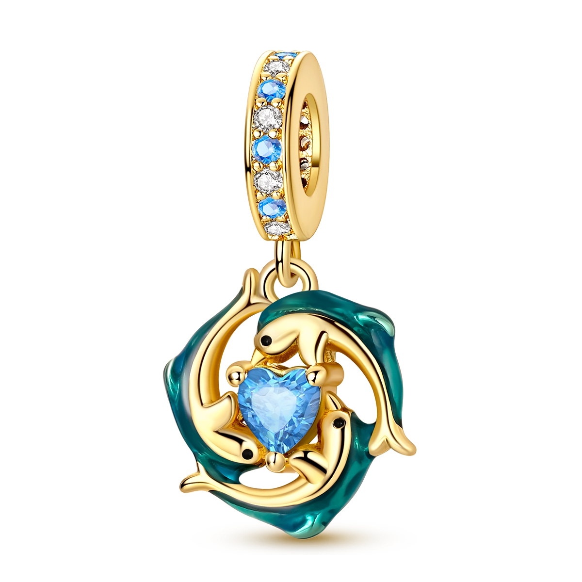 TEMU 1pc 18k Gold Plated Exquisite Blue Enamel Synthetic Synthetic Zircon Summer Ocean Dolphin Heart Charm Fit Original Bracelet Necklace Beads For
