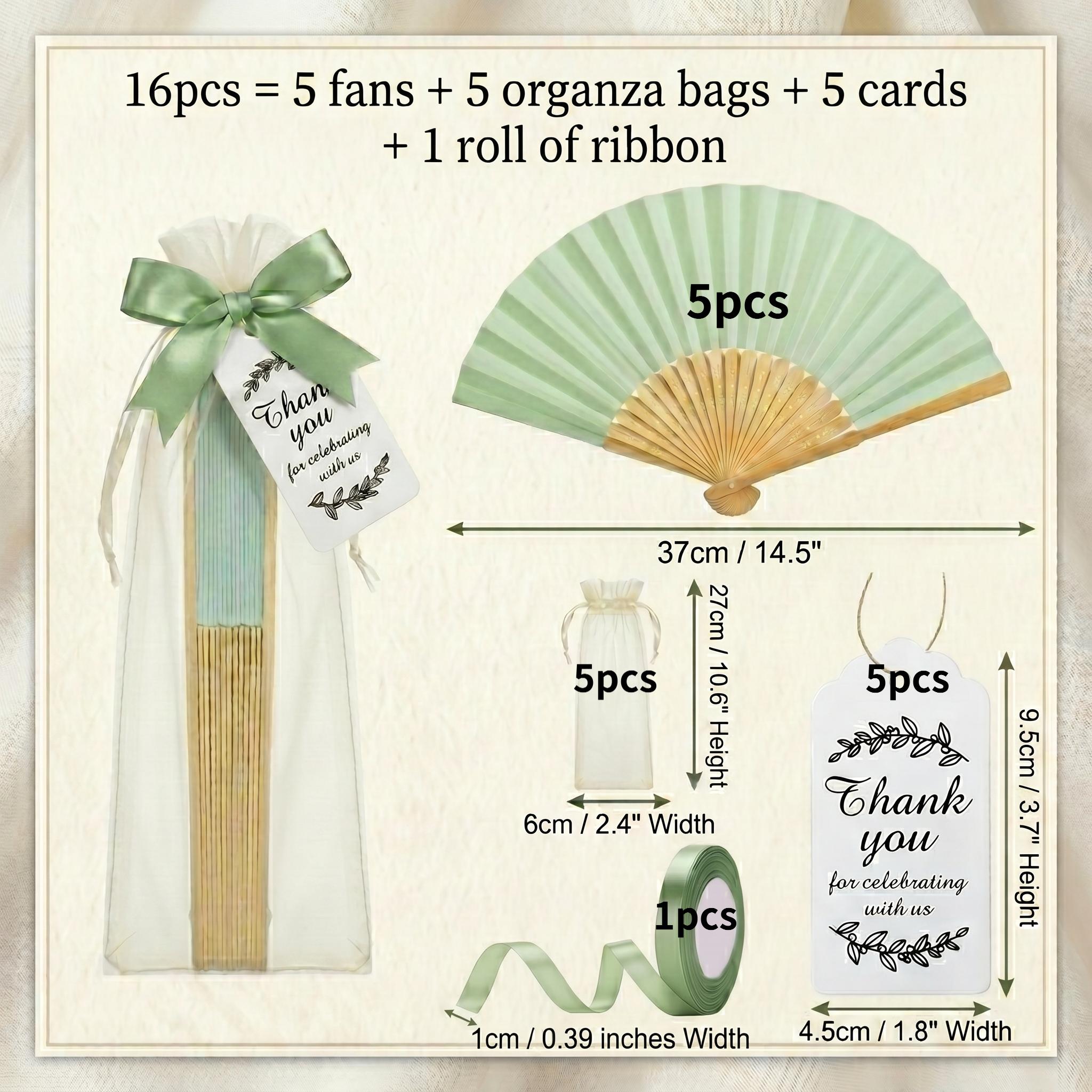 TEMU 16 piezas de recuerdos de (5 abanicos plegables + 5 bolsas de organza + 5 tarjetas + 1 cinta) Juego de abanicos plegables de madera , regalos de