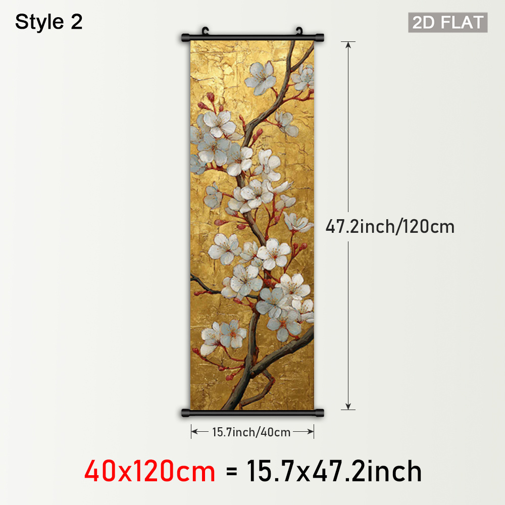TEMU 2d Flat, 2d Flat, 1pc Framed Canvas Artwork Featuring Golden Blossoms, Perfect For . This Hanging Scroll Adds An Oriental Charm To Home Decor,