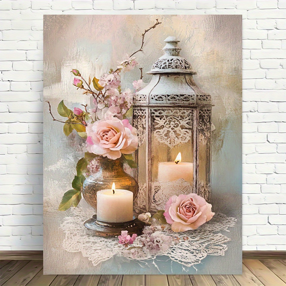TEMU 2d Flat, 2d Flat, 1pc, Vintage Lantern With Pink Roses And Candles On Lace Tablecloth Canvas Wall Art - Modern Vintage Design, High-quality