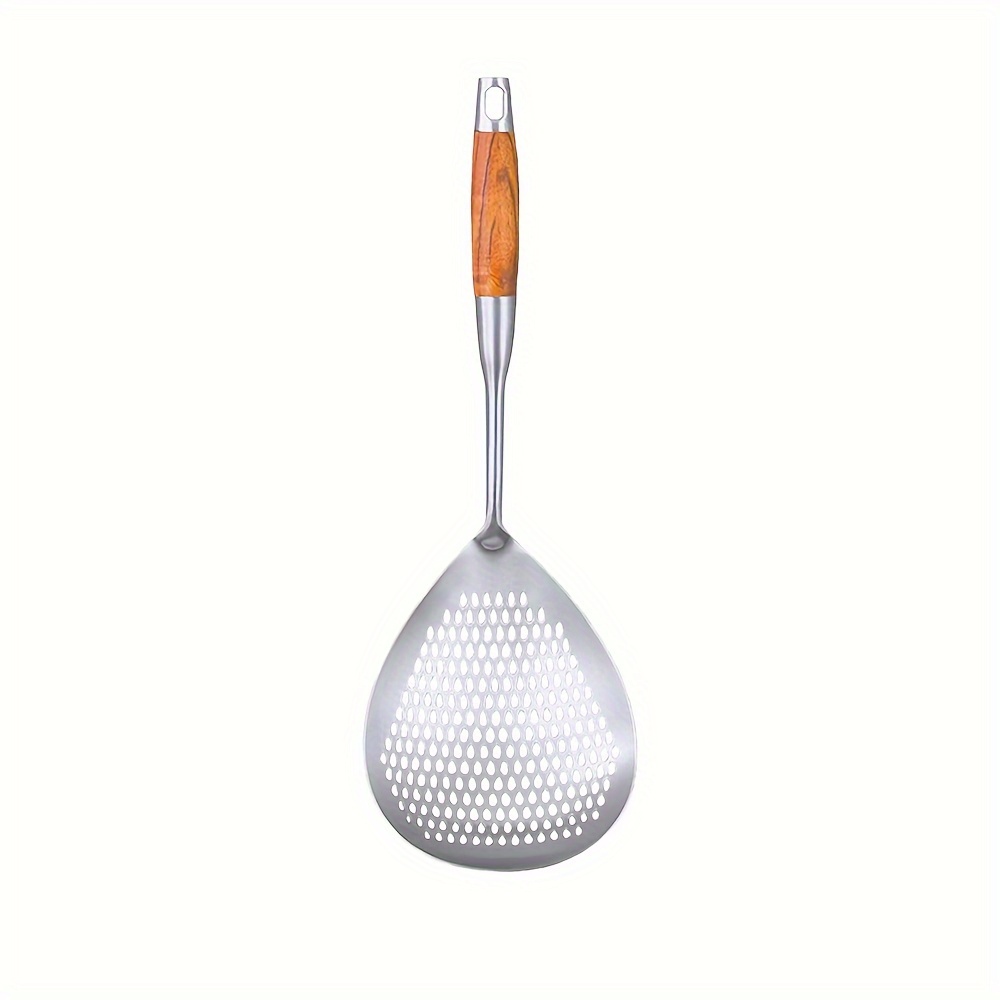 TEMU 1pc Stainless Steel Slotted Spoon With Wooden Handle| Rust Resistant, Outdoor Safe, Kitchen Strainer Skimmer, With Hanging Holes For Cooking,
