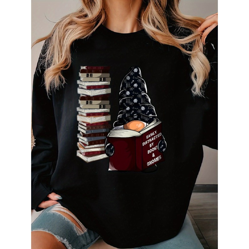 

Cozy ' By Books & Gnomes' Print Sweatshirt - Casual Long Sleeve Crew Neck For Women, Soft Cotton , Fall & Winter