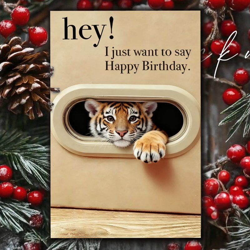 TEMU A Tiger Cub Birthday Card - An Adorable Peeking Out From An Oval Cutout, Featuring Stripes, Big Bright Eyes, And A . A Warm And Fun Home