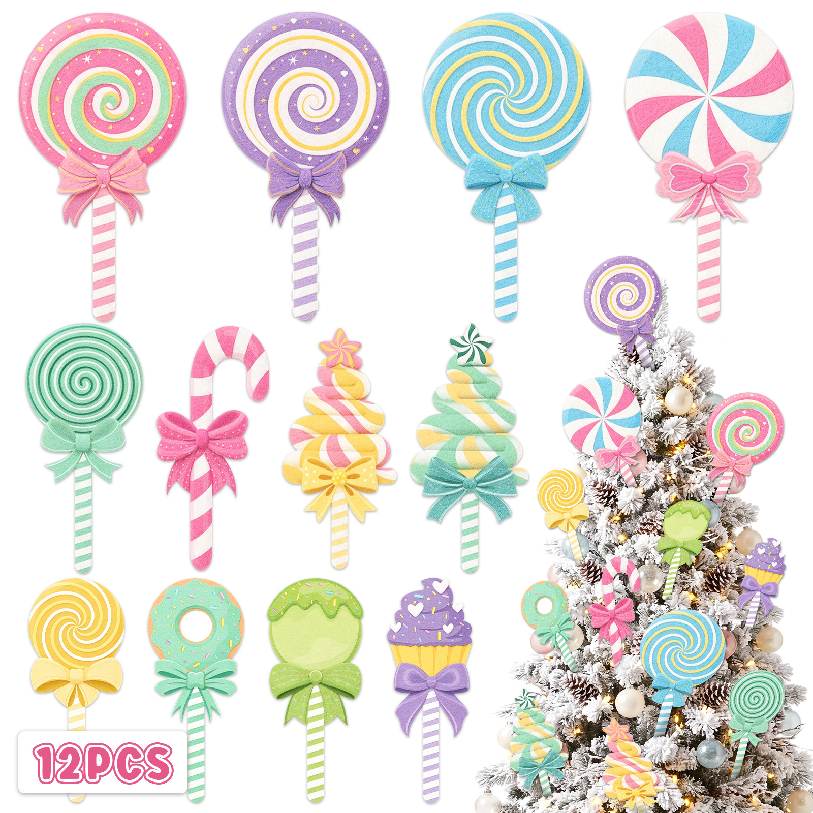 TEMU 12pcs Color Felt Christmas Tree Branch Picks & Peppermint Lollipop Ornaments - Felt Suitable For Holiday Party Decorations, Candyland Theme