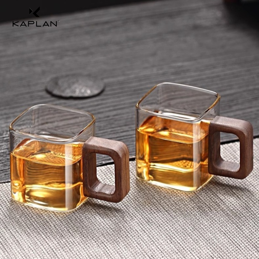 TEMU Kaplan 2pcs High Borosilicate Glass Walnut Handle Square Glass Cup, Heat-resistant Transparent Square Cup, Suitable For Christmas, Holiday Party