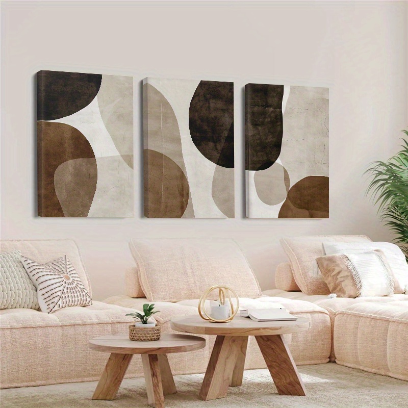 TEMU 1 Set Of 3pcs Modern Abstract Canvas Art, Featuring Beige, Brown And Black Geometric Designs. Framed Pieces Are Perfect For Decorating Your
