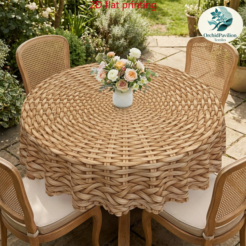 TEMU Lace, Round Tablecloth, 1pc, 2d Flat Printing, Light Natural Wood Circle Rattan Texture Print Tablecloth, Polyester Material, Multiple Sizes ,