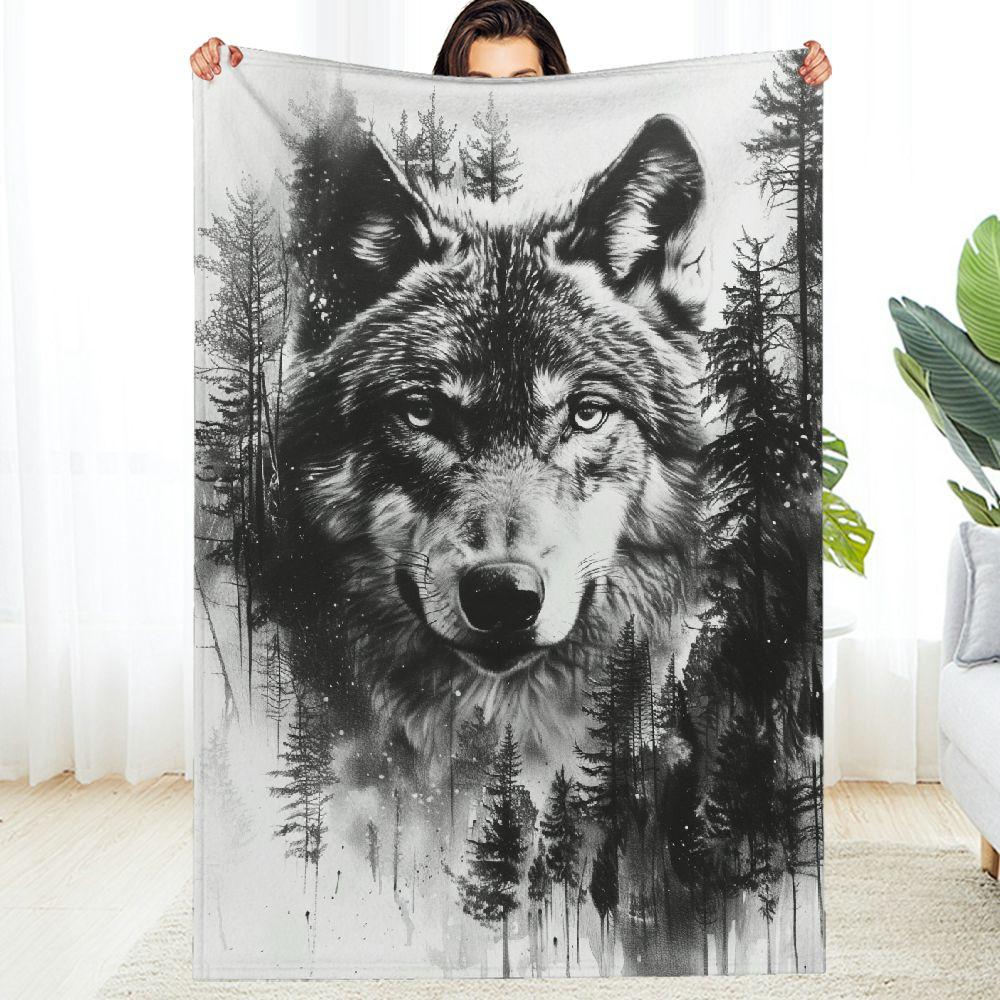 

1pc Wolf Soft Plush Blanket Flannel Material Anti-pilling Lightweight For Bedrooms And Offices