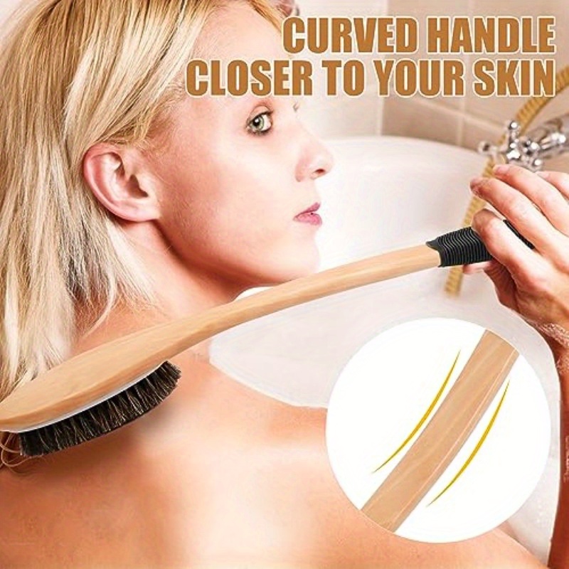   bath brush wooden curved long handle   shower brush for exfoliating natural mane scrubber for back use wet or dry back scrub deep cleanse17 2inches Product details 2