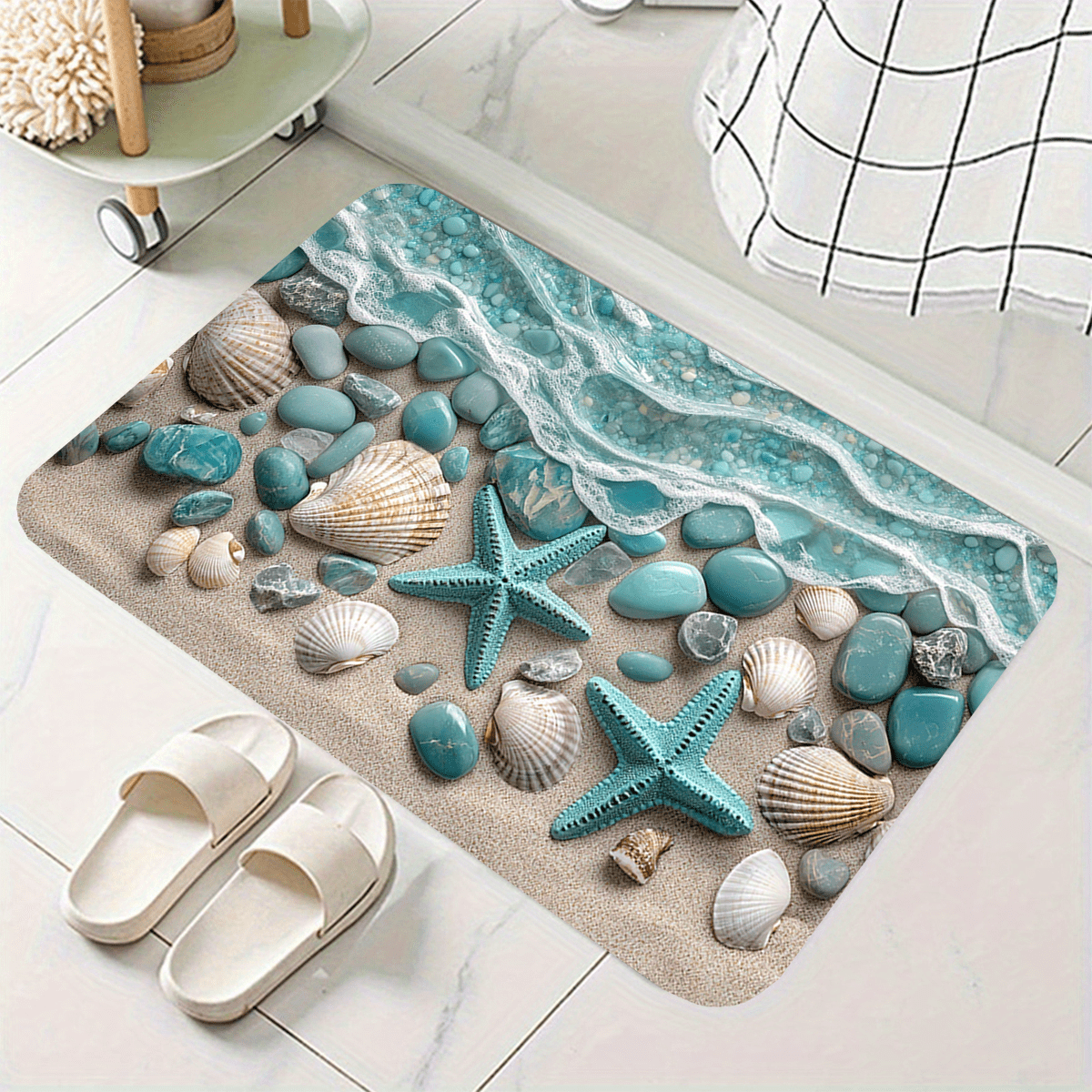 TEMU 1pc, Blue Organisms Printed Bathroom Floor Mat, Suitable For Bathroom Areas, Bathroom Mats, Bathtub Mats, Bathroom Door Mats, Bathroom Carpets,