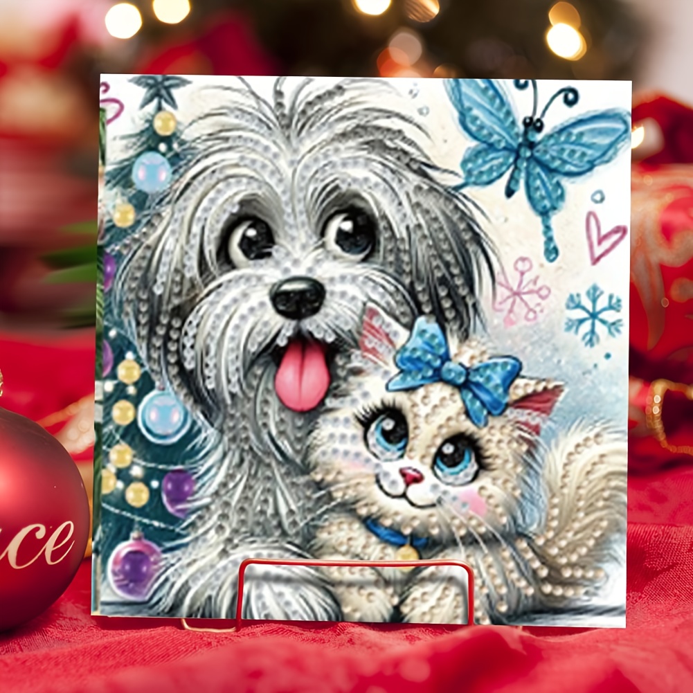TEMU 6pcs Diy Diamond Painting Greeting Cards With Patterns Suitable For Birthdays, Thank You Notes, Pet Lovers - Sparkling Round Gemstone Cards With