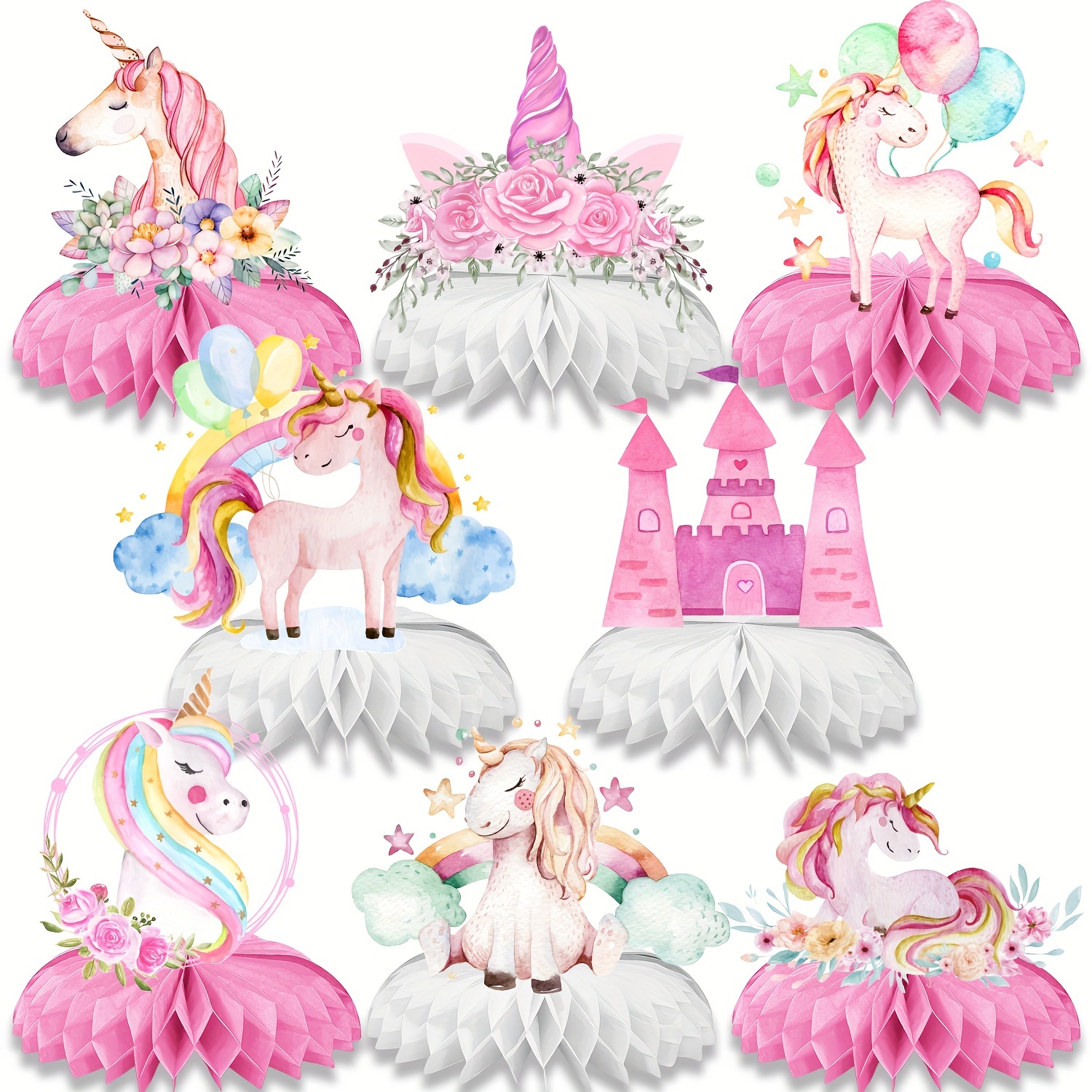 8pcs Unicorn-themed Desktop Ornaments Honeycomb-shaped Table Centerpiece Decorations For Birthday Parties