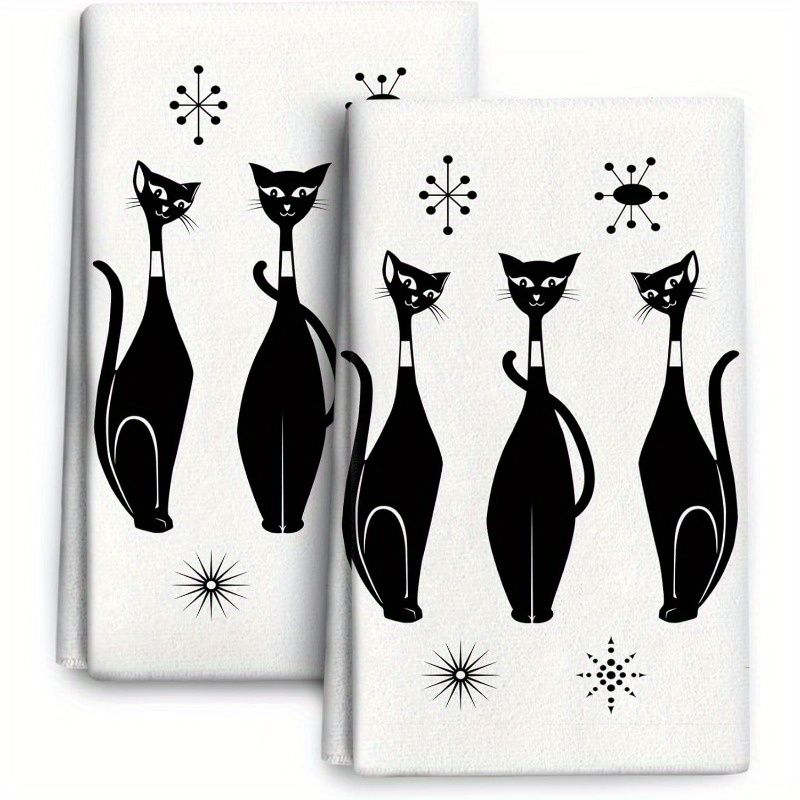 

2 Sets Of 18*26 Inch High Quality Towels Black Cat Kitchen Towels Decorative Set, Cute Absorbent Dish Towels Tea Towels Hand Towels For Kitchen Retro Towels, Contemporary Style, Rectangular Shape