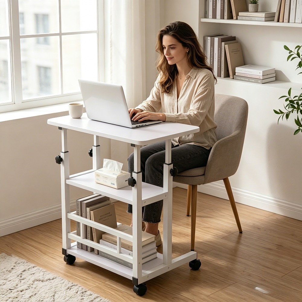 Height Adjustable Computer Desk with Storage Shelf and Wheels, Mobile Rolling Desk for Home Office, Small Space Study Workstation Desk