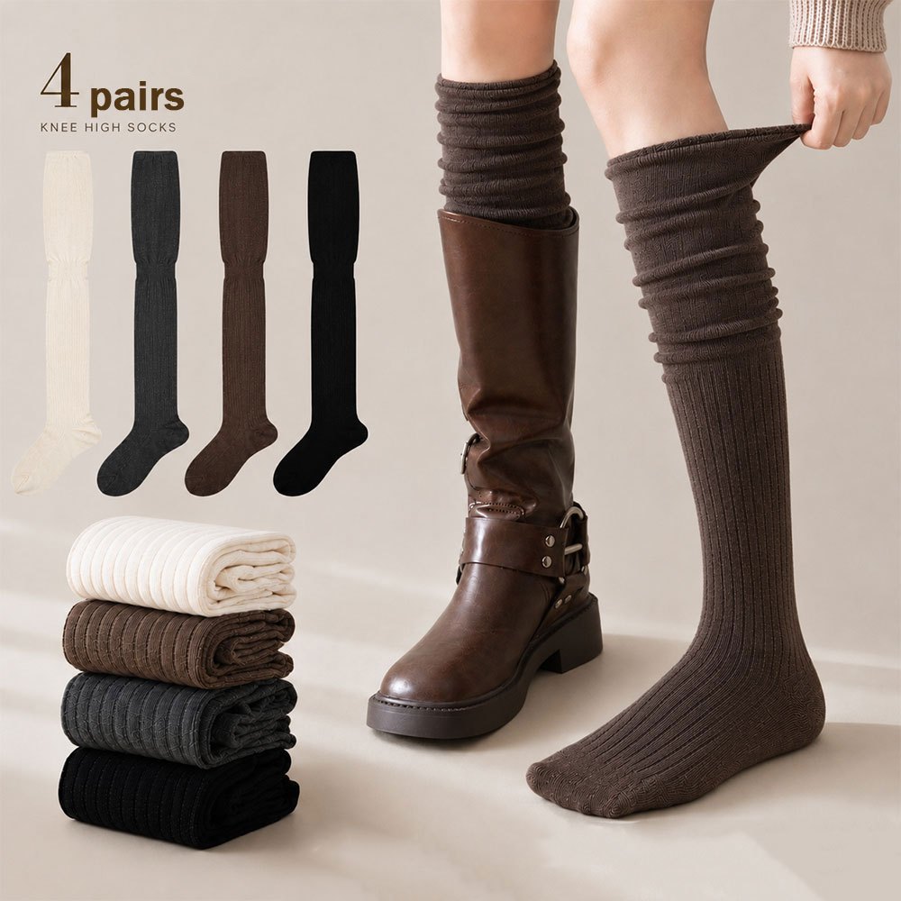 TEMU 4 Pairs Knitted Thigh-high Socks Knee Socks Women's Long Socks Warm And Comfortable High Elasticity Solid Color Knee Socks